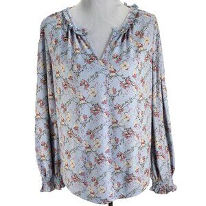 Melloday Womens Top Size L Blue Pink Ivory Floral Long Sleeve V Neck Pullover